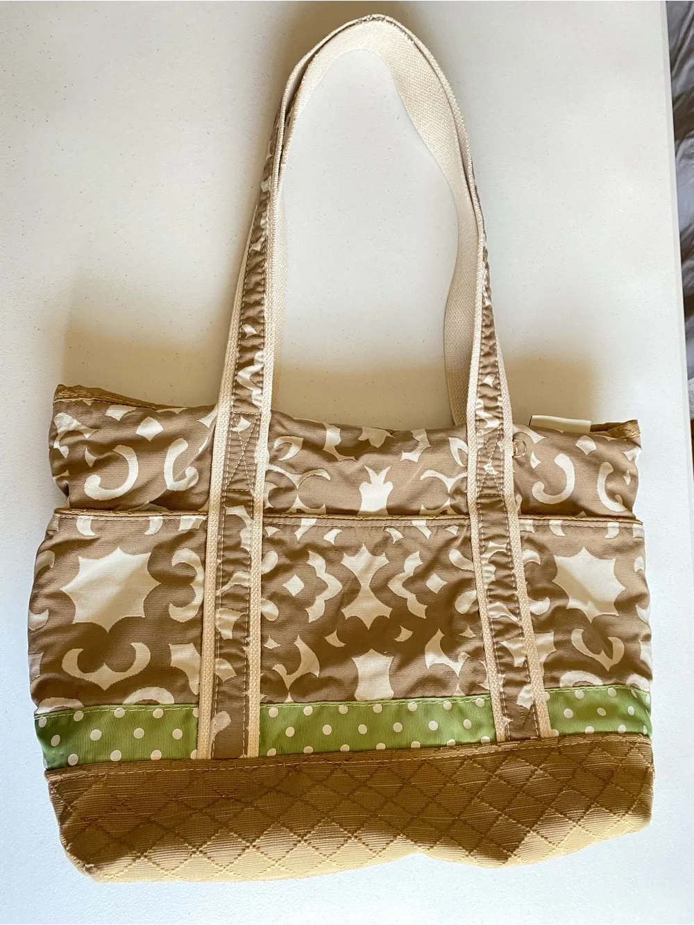 Berkshire Bags Tan & Green Cotton Knit Paisley Polka Dot Print Large Tote Purse